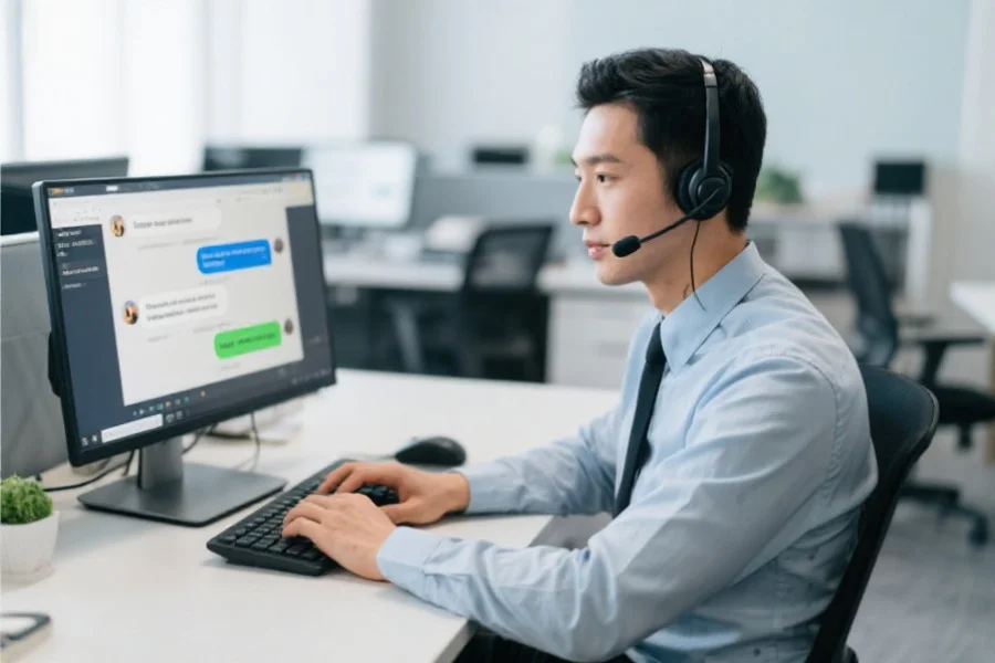 一名专业客服人员正在办公环境中通过电脑与用户在线沟通，为用户解答问题