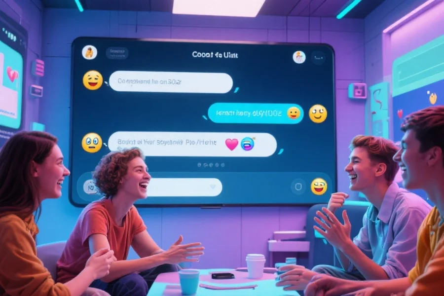 几位年轻人在数字娱乐平台的虚拟聊天室中愉快互动，屏幕上显示实时消息和表情符号